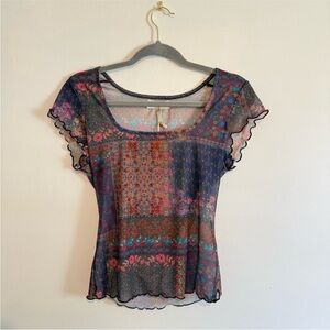 Natural Life Women Sheer Mesh Top Size M Square Neck Lettuce Hem Floral Boho NWT